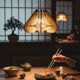 Wood and straw Japandi style hanging lamp
