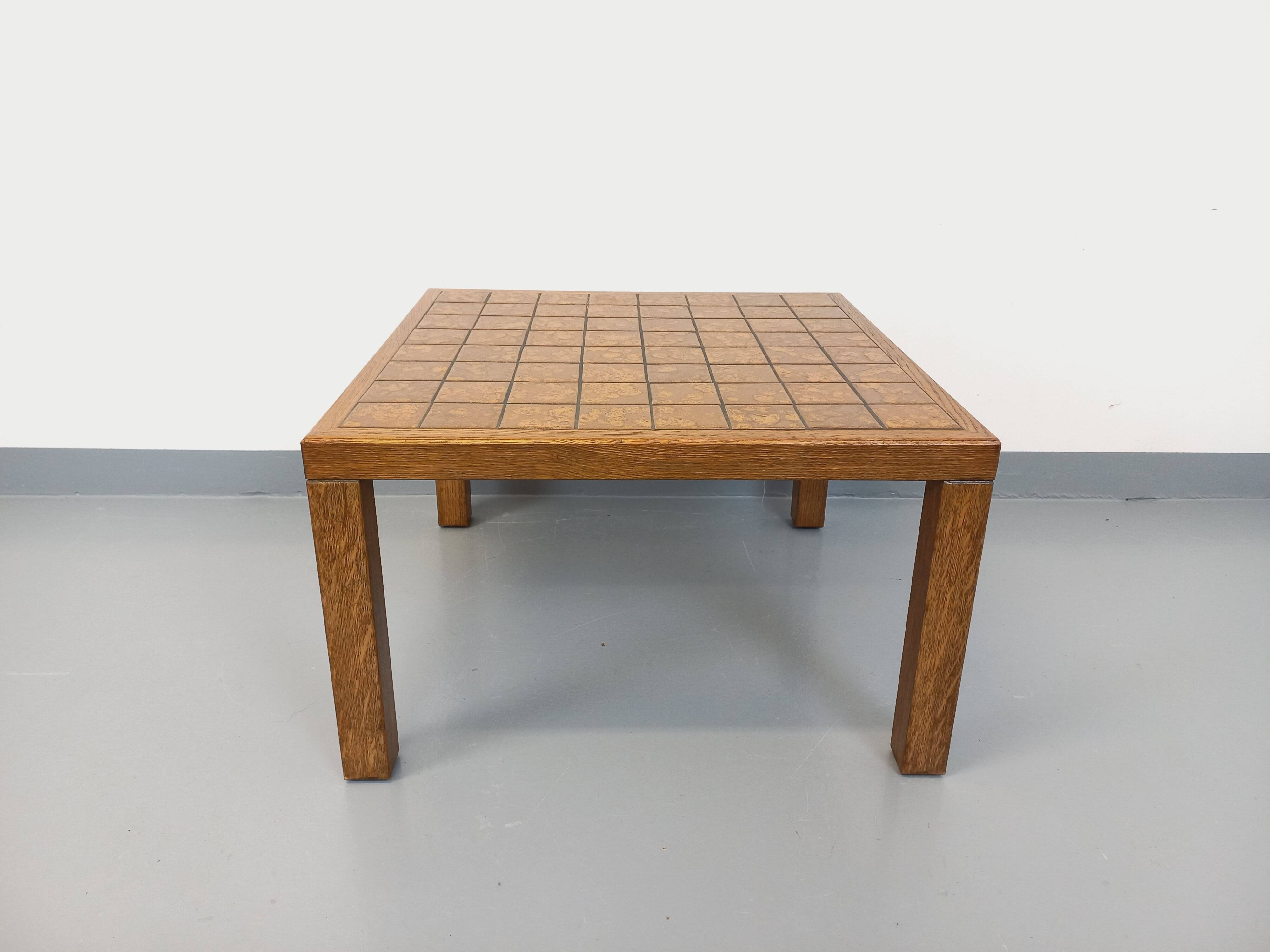 Vintage square coffee table in oak wood and ceramic from the 60s and 70s