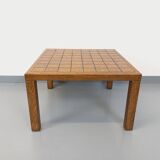 Vintage square coffee table in oak wood and ceramic from the 60s and 70s