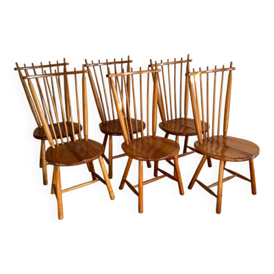 Ensemble de 6 chaises de salle à manger en hêtre massif couleur miel, par De Ster Gelderland, années 1960