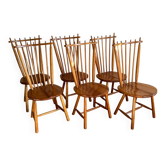 Set of 6 Honey Brown Solid Beech Wood Dining Chairs by De Ster Gelderland, 1960s