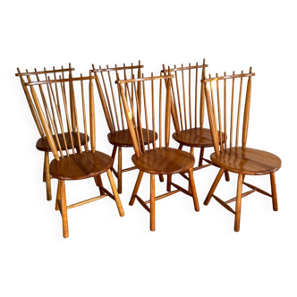 Set of 6 Honey Brown Solid Beech Wood Dining Chairs by De Ster Gelderland, 1960s