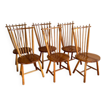 Ensemble de 6 chaises de salle à manger en hêtre massif couleur miel, par De Ster Gelderland, années 1960