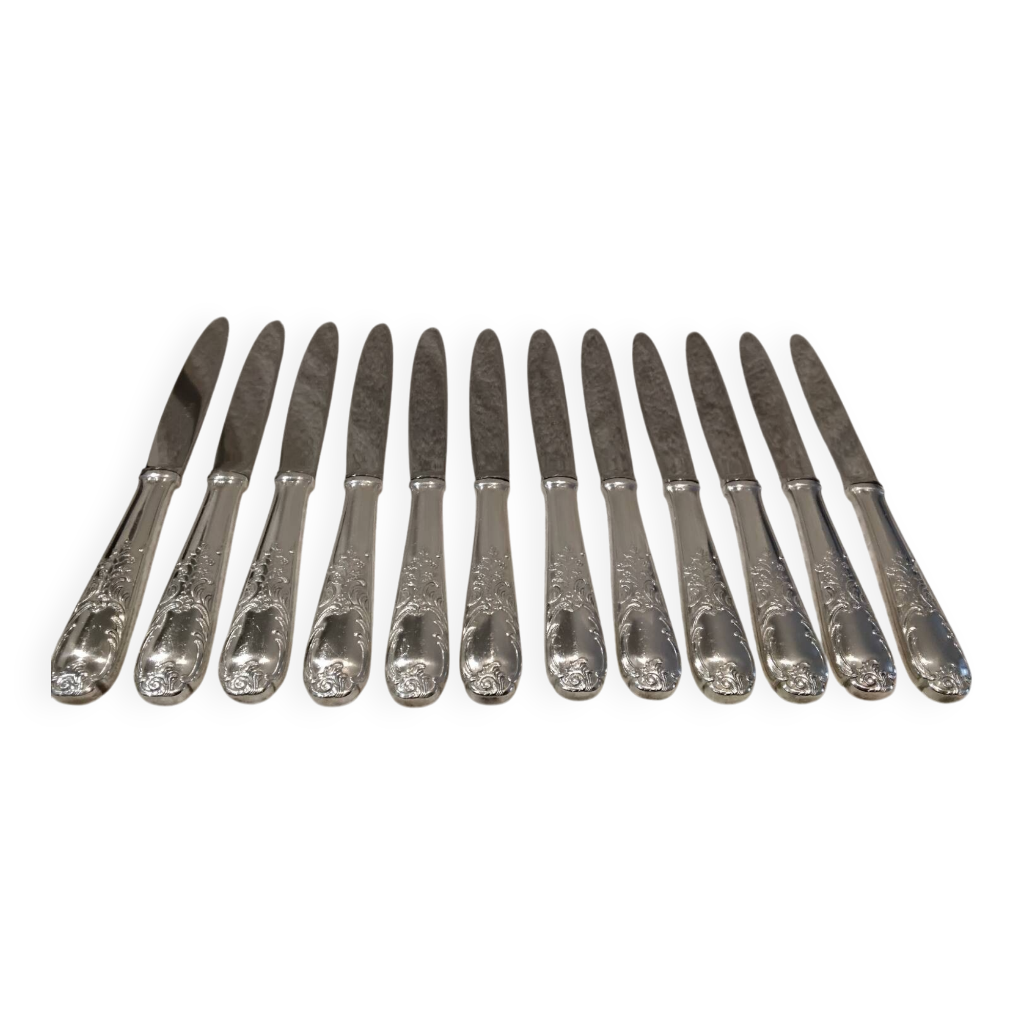 12 silver-plated dessert knives by Platil, rocaille style