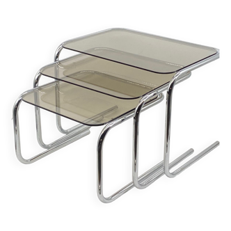 Nesting coffee tables chromed metal smoked glass, vintage