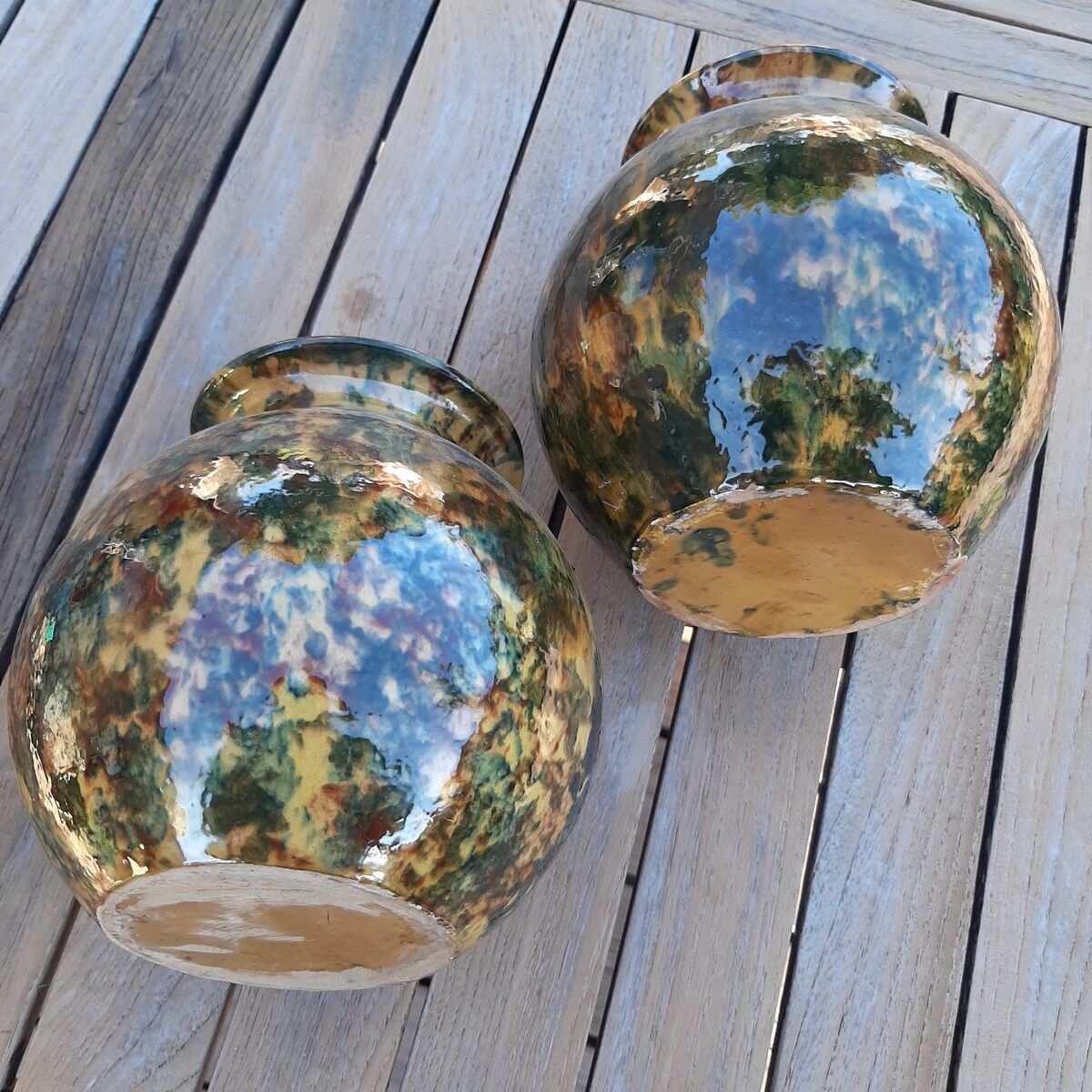 Lot of two ball vases, glazed pottery - signed / 1970s