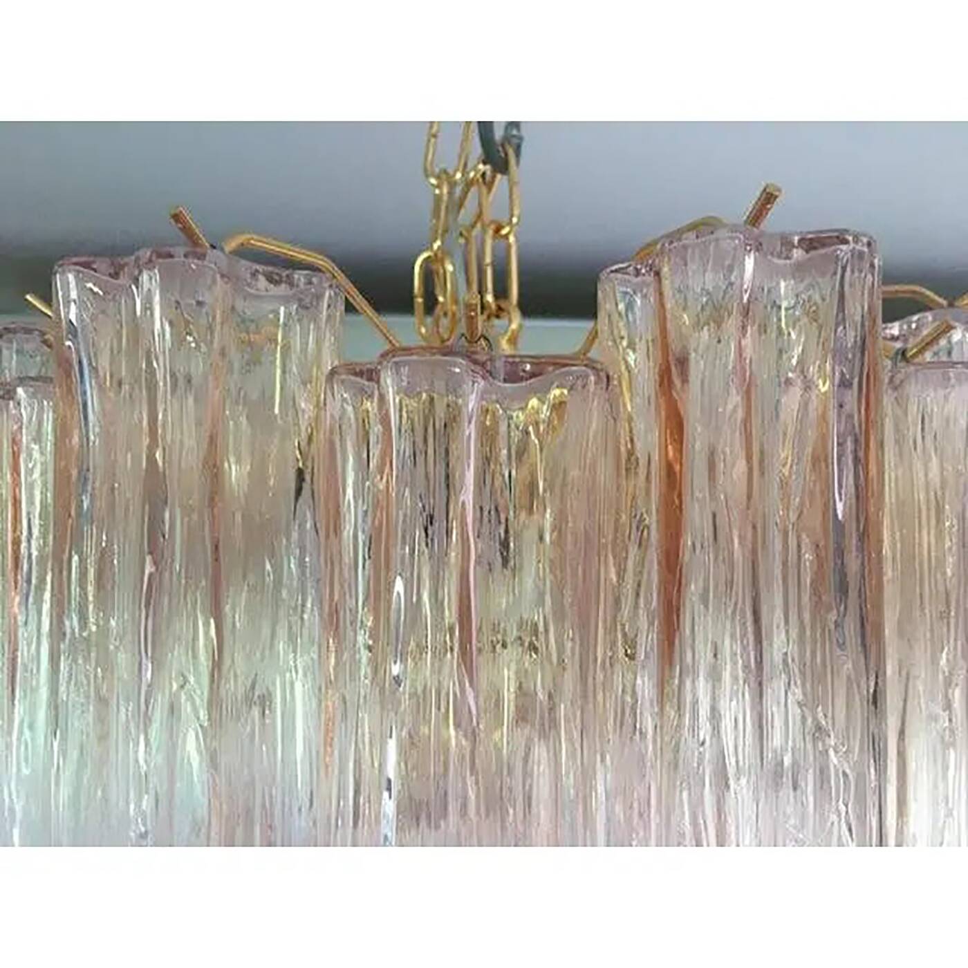 Set of 2 Contemporary Murano Style Glass Pink "Tronchi" Chandelier With Gol
