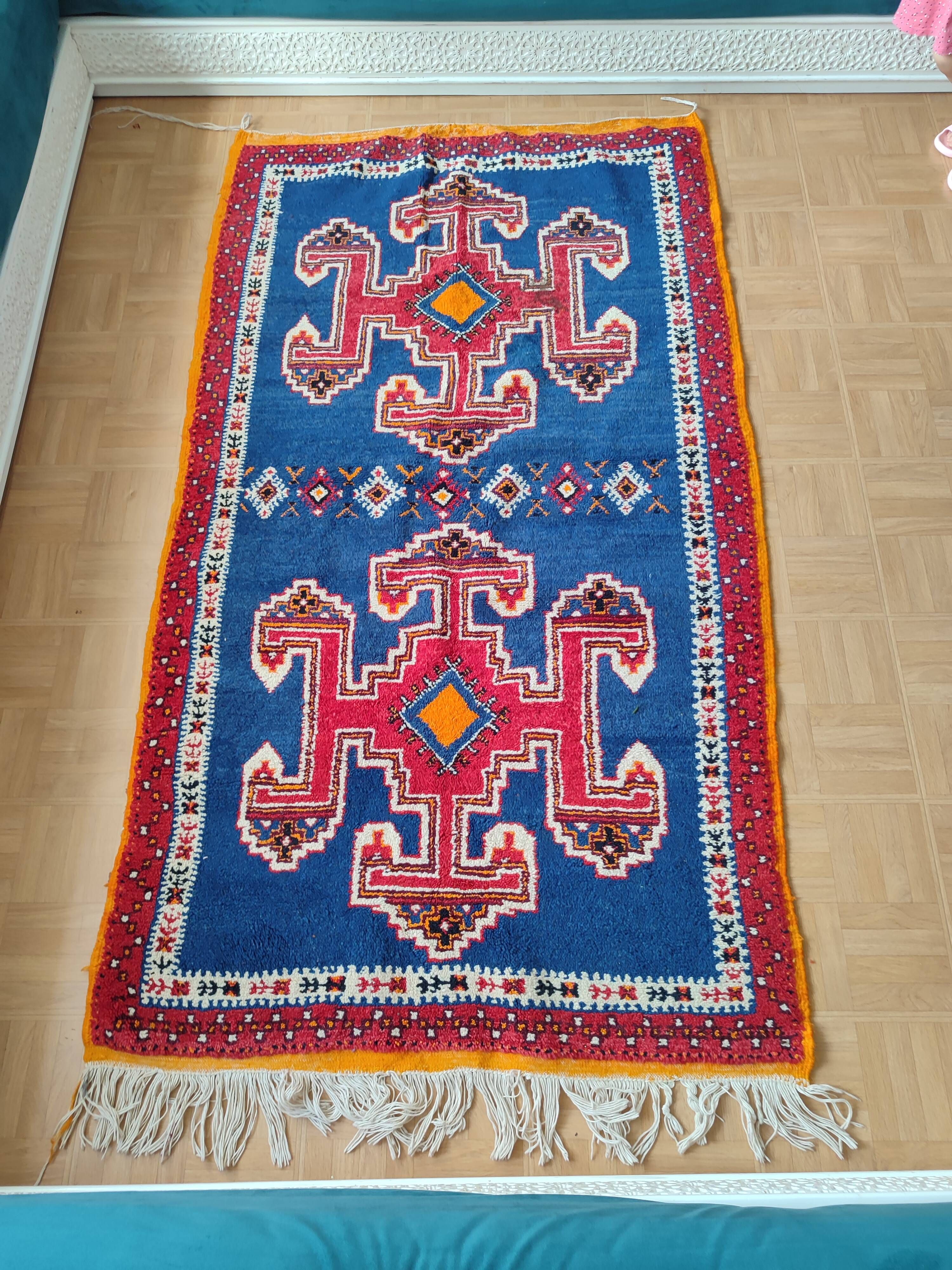 Handmade Berber Rug Blue Majorelle & Red - 112 x 200 cm