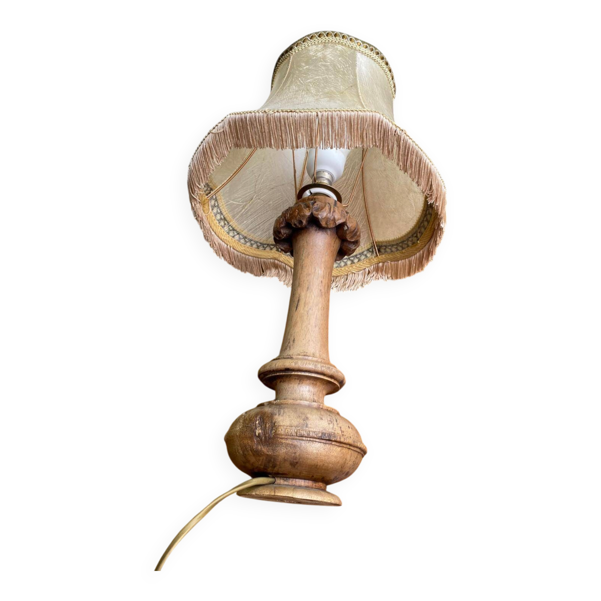 Lampe à poser vintage en bois tourné et sculpté 1950
