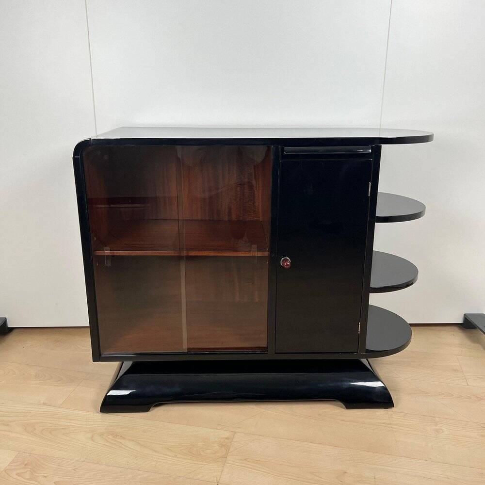 French Art Deco Half Cabinet in Black Lacquer and Mahogany, 1930