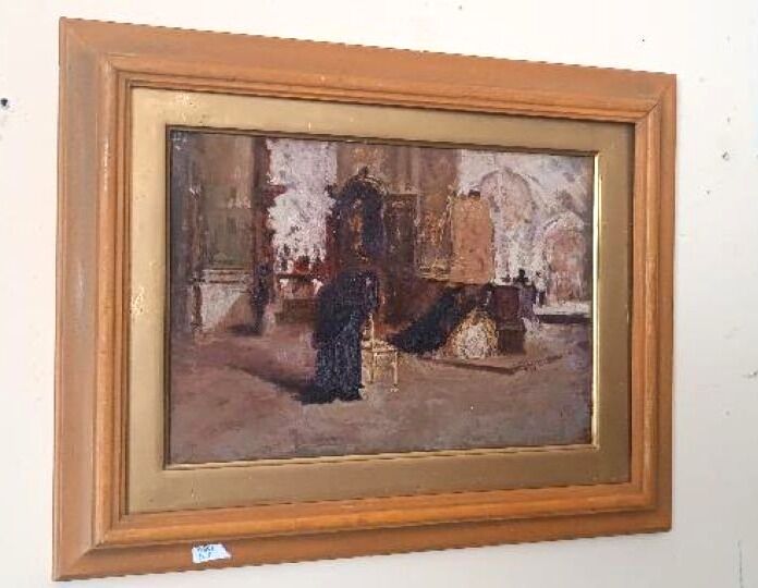 Oil on panel - early 20th century - interior of a church