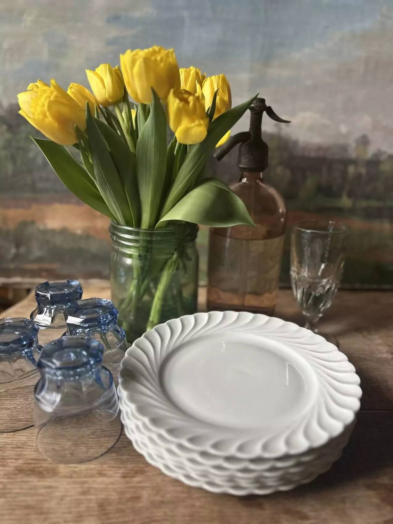 Set of 6 antique twisted white porcelain plates, a beautiful timeless classic.