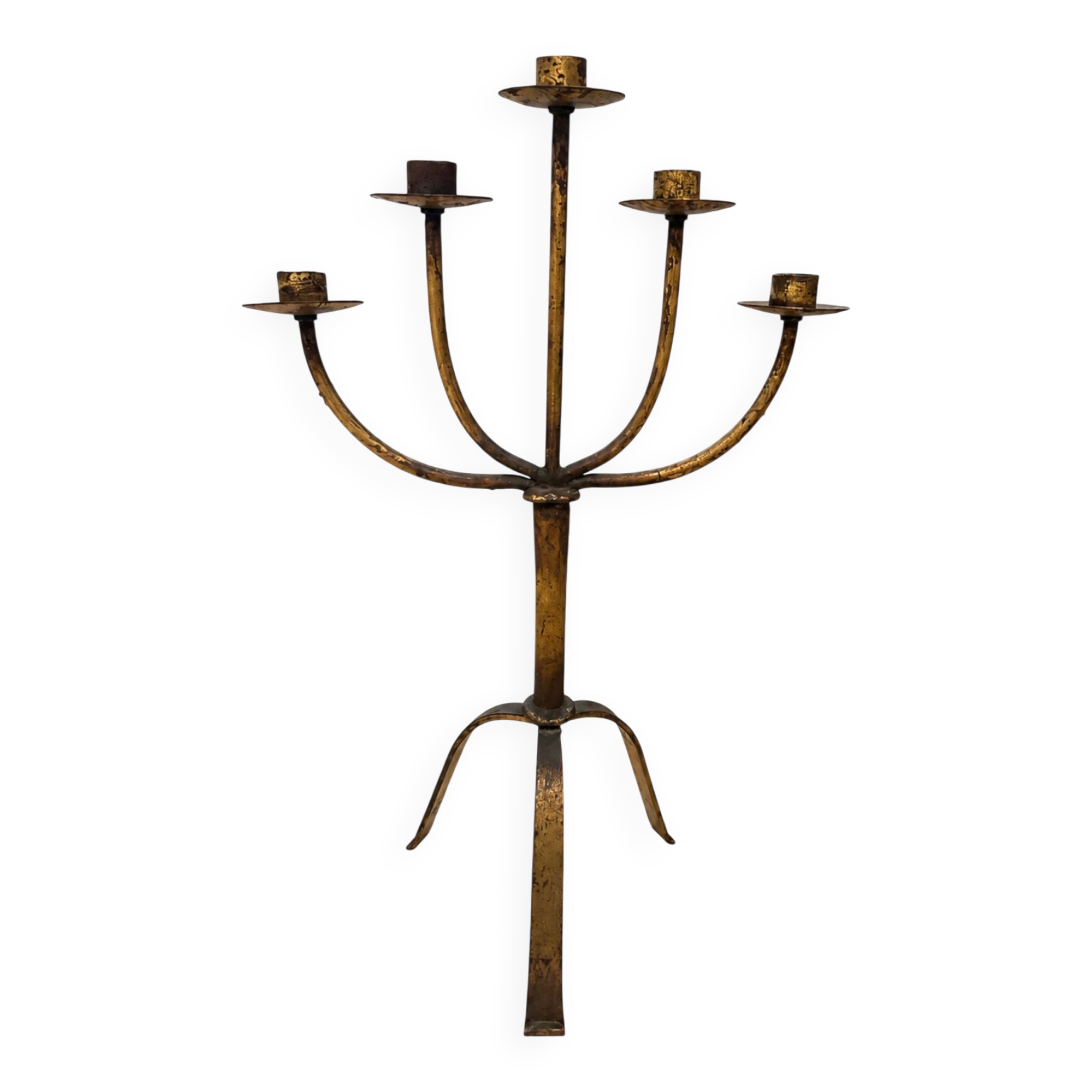 Large Mid-Century Brutalist 5-Arm Gilt Iron Candelabra 55cm