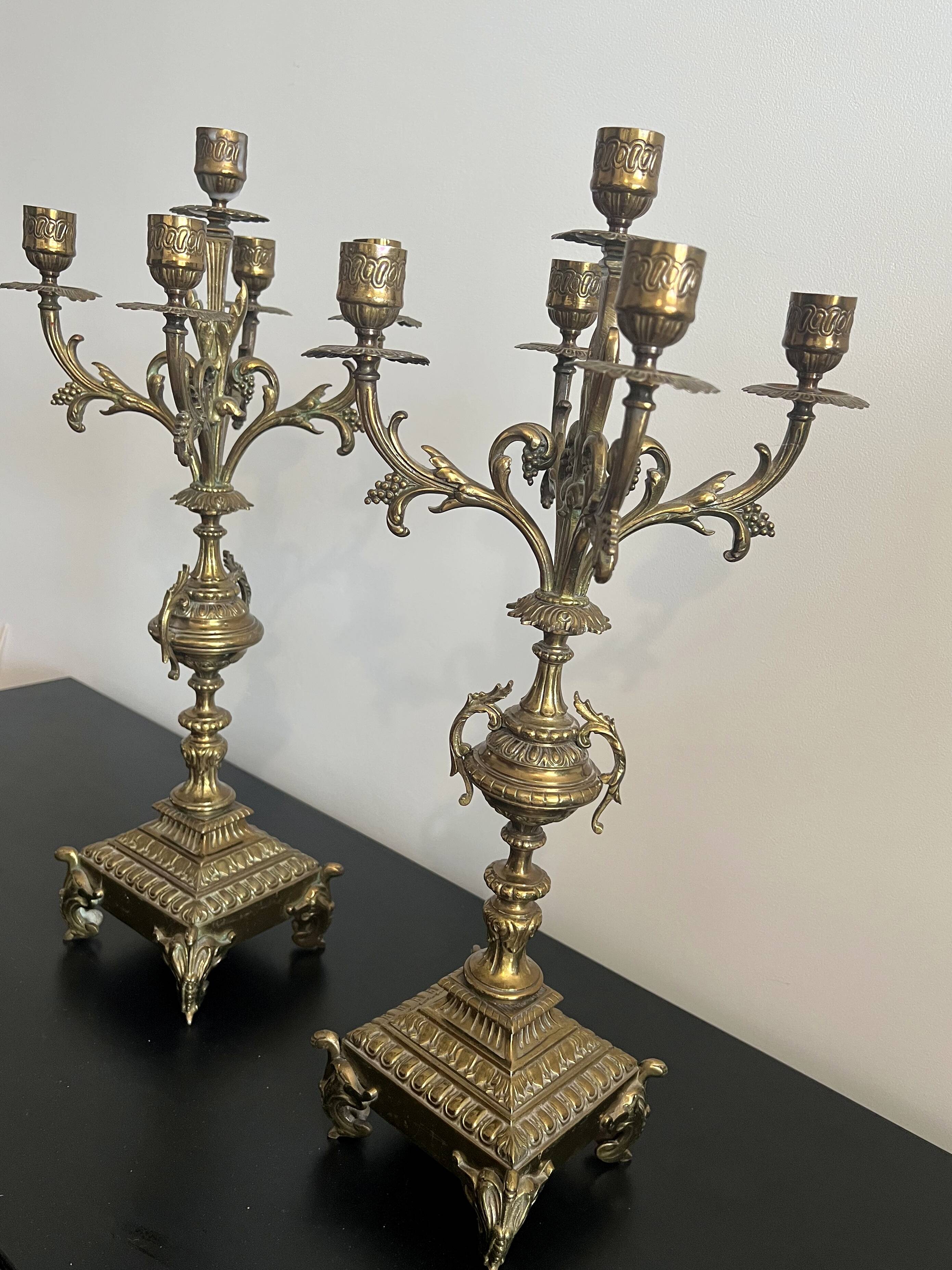 Pair of five-light gilded bronze candelabras, Napoleon III, 19th century.
