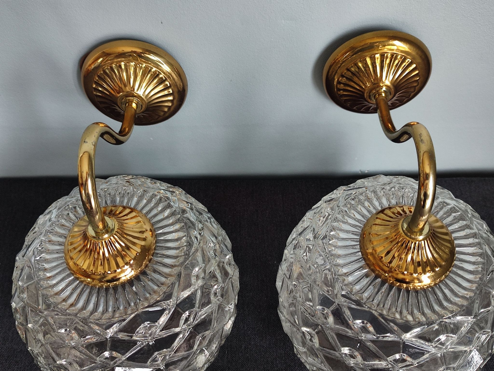 Pair of scones glass scones and vintage golden metal