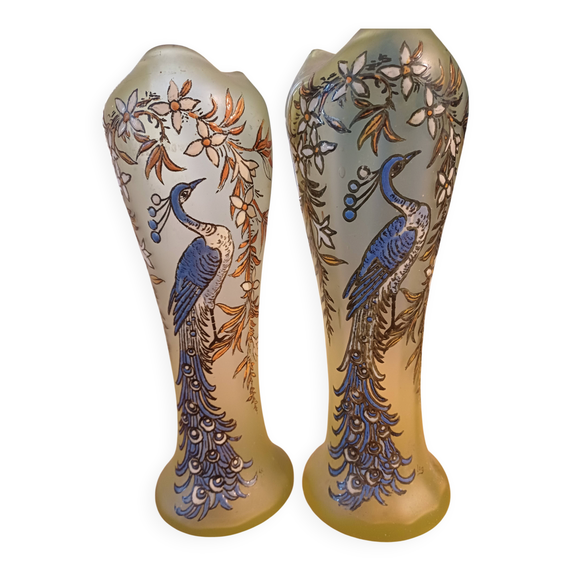 Pair of Legras vases in peacock glass