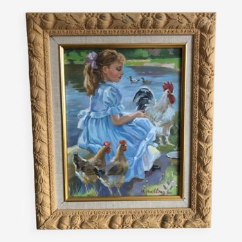 Huile sur toile jeune fille aux poules