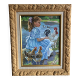 Oil on canvas young girl with chickens