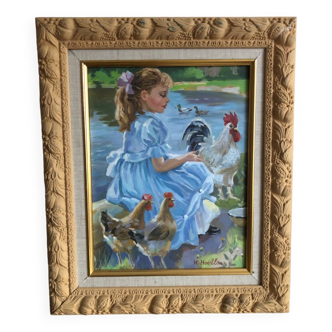 Huile sur toile jeune fille aux poules