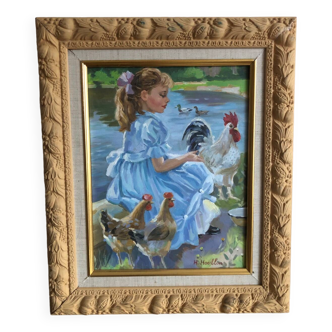Oil on canvas young girl with chickens