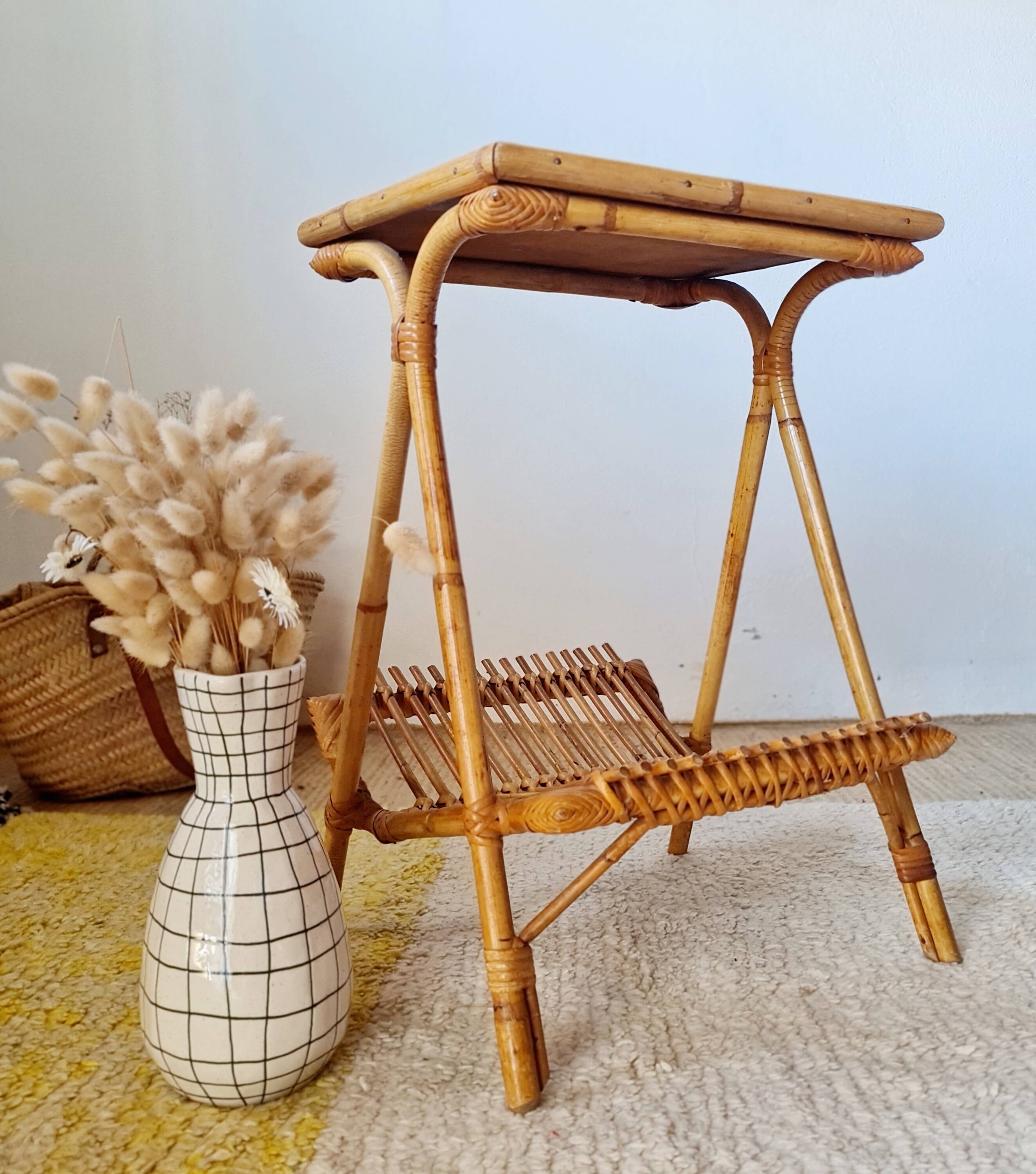 Vintage rattan and bamboo side table – 1960s Riviera style -