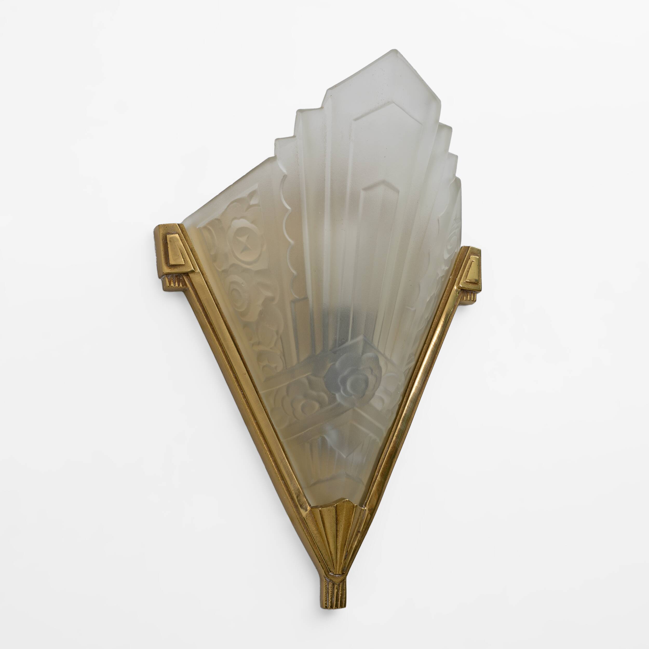 Pair of Art Deco Pressed Glass and Brass Sconces, France, 1930s