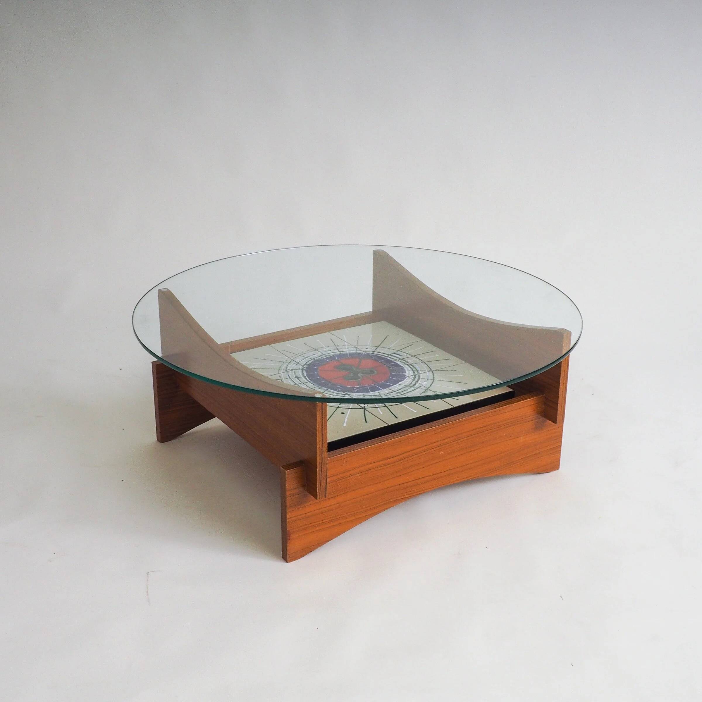 Mid-century round coffee table with ceramic tiles