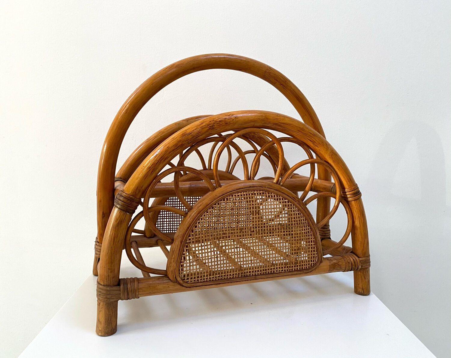 Rattan and bamboo magazine holder from the 70s