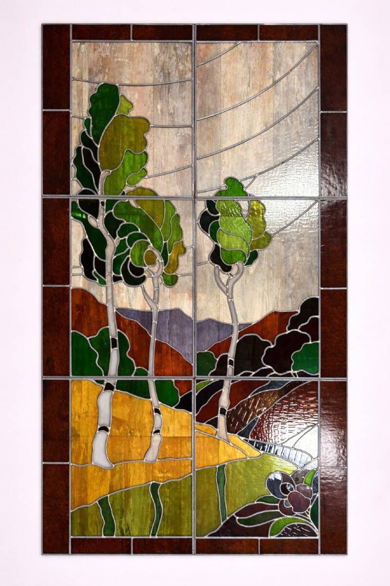 Ancient stained glass landscape decoration – Trees and hills – Early 20th century