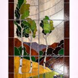 Ancient stained glass landscape decoration – Trees and hills – Early 20th century