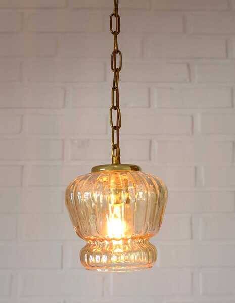 Vintage old gold pendant light, amber glass, 1960s chain lamp