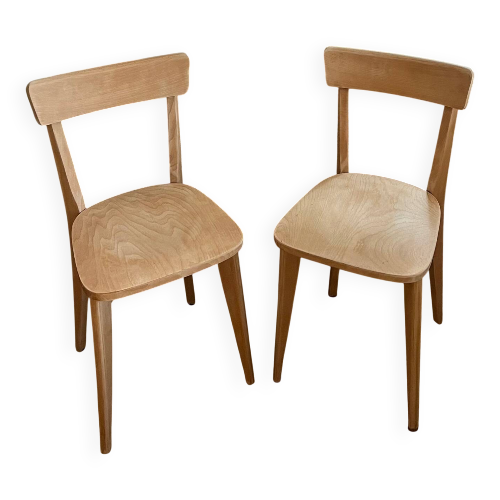 Pair of vintage bistro chairs made of raw solid wood.