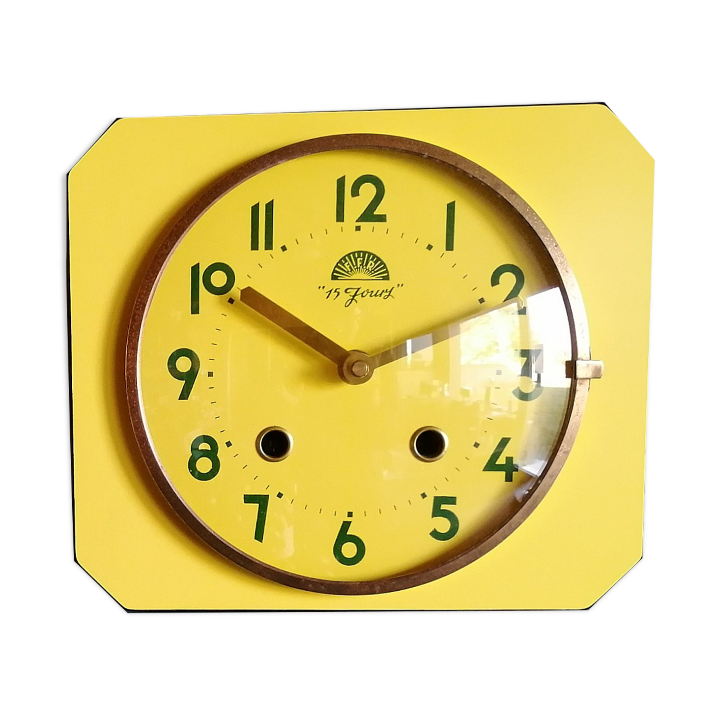 Vintage formica clock silent wall clock "FFR Golden Yellow"