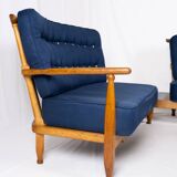 Grande banquette éventail d'angle en chêne, Guillerme et Chambron, 1970s