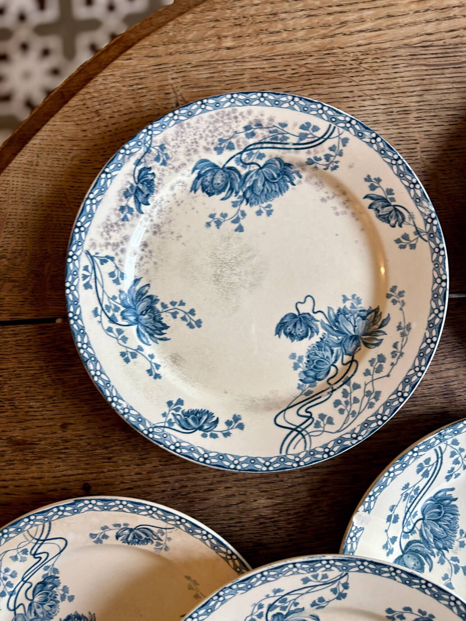 Set of 10 antique flat plates in ironstone, Royat from Sarreguemines.