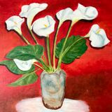 Oil on canvas bouquet of flowers on red background signed vintage