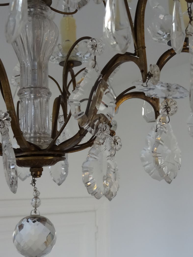 Bronze and crystal chandelier with six arms of light