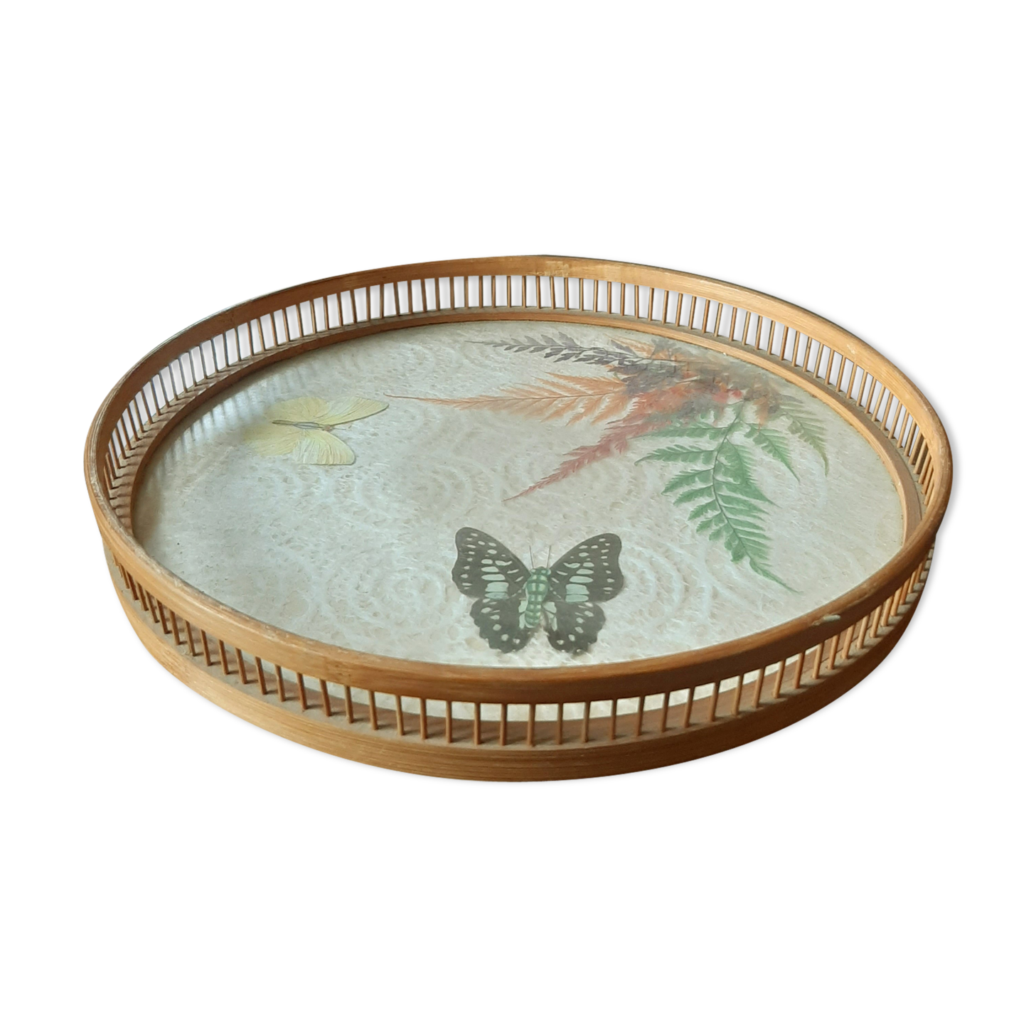 Vintage bamboo tray with butterflies