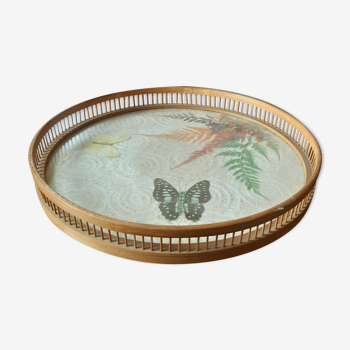 Vintage bamboo tray with butterflies