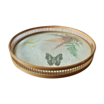Vintage bamboo tray with butterflies