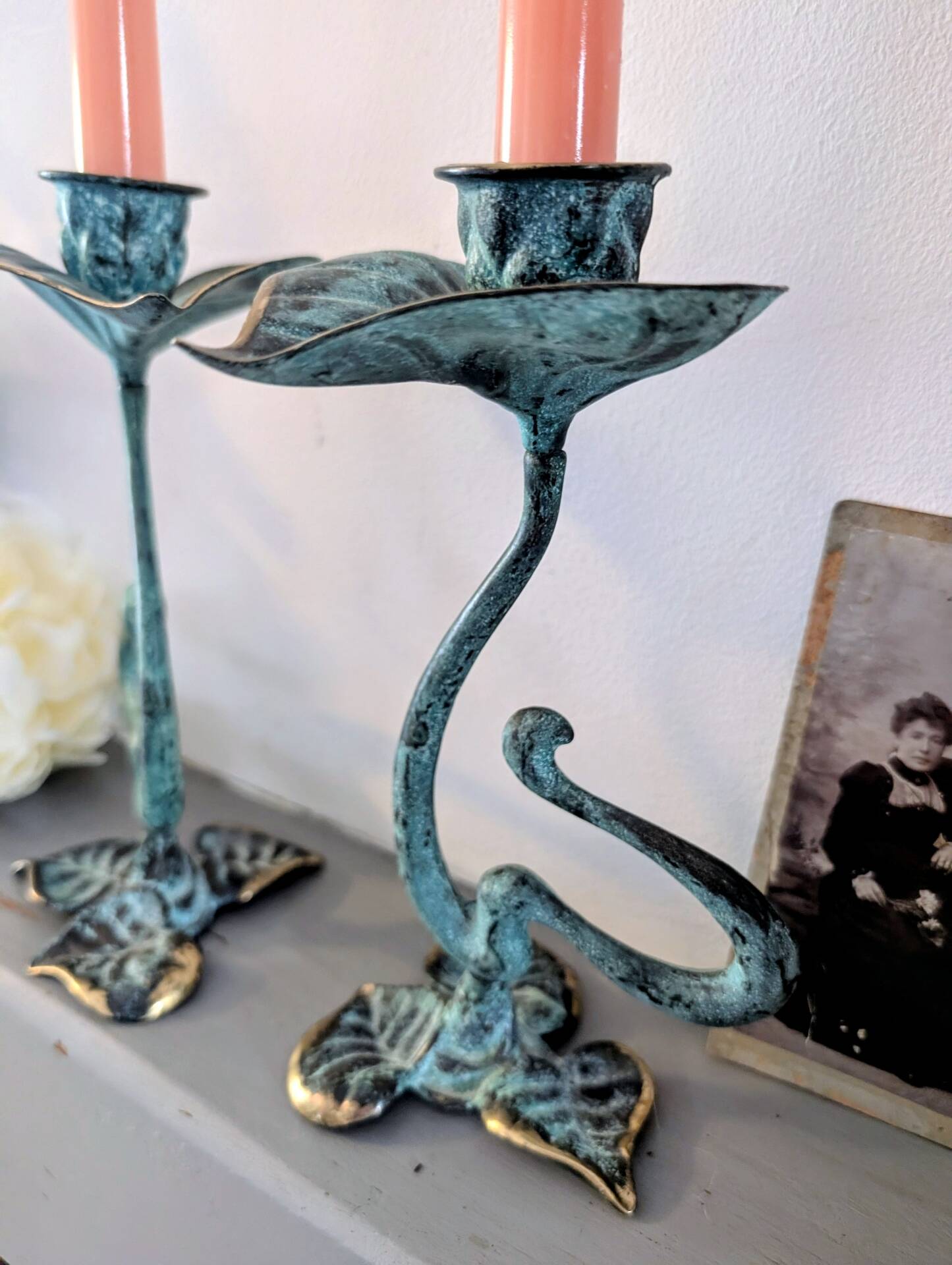 Pair of patinated greenish-blue bronze candlesticks Art Nouveau style