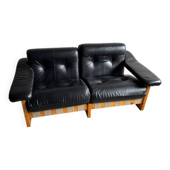 1970s Italian Black Leather Two-Seater Sofa by Poltrona Munari — Pine Frame & Beige Canvas