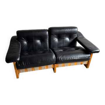 1970s Italian Black Leather Two-Seater Sofa by Poltrona Munari — Pine Frame & Beige Canvas