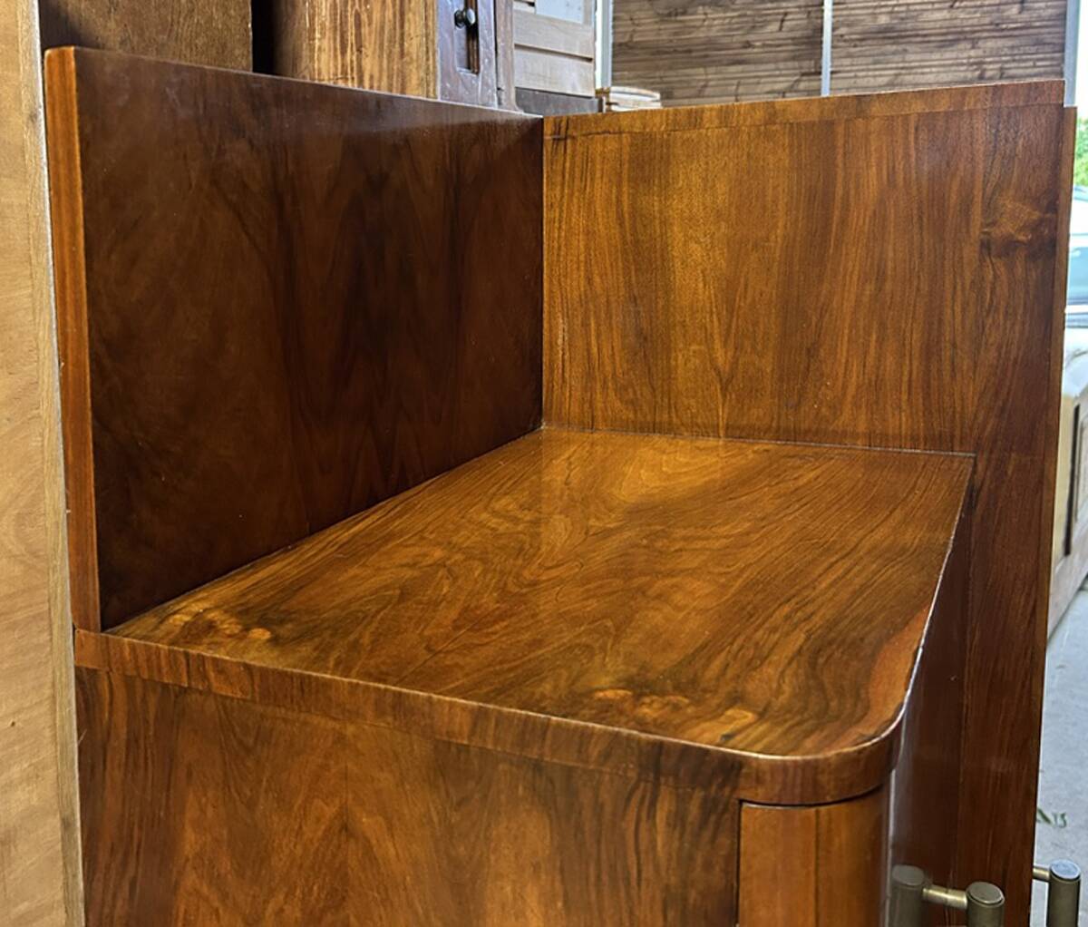 Asymmetrical wardrobe, Art Deco, 1930s walnut burl, wardrobe, shelves, drawers