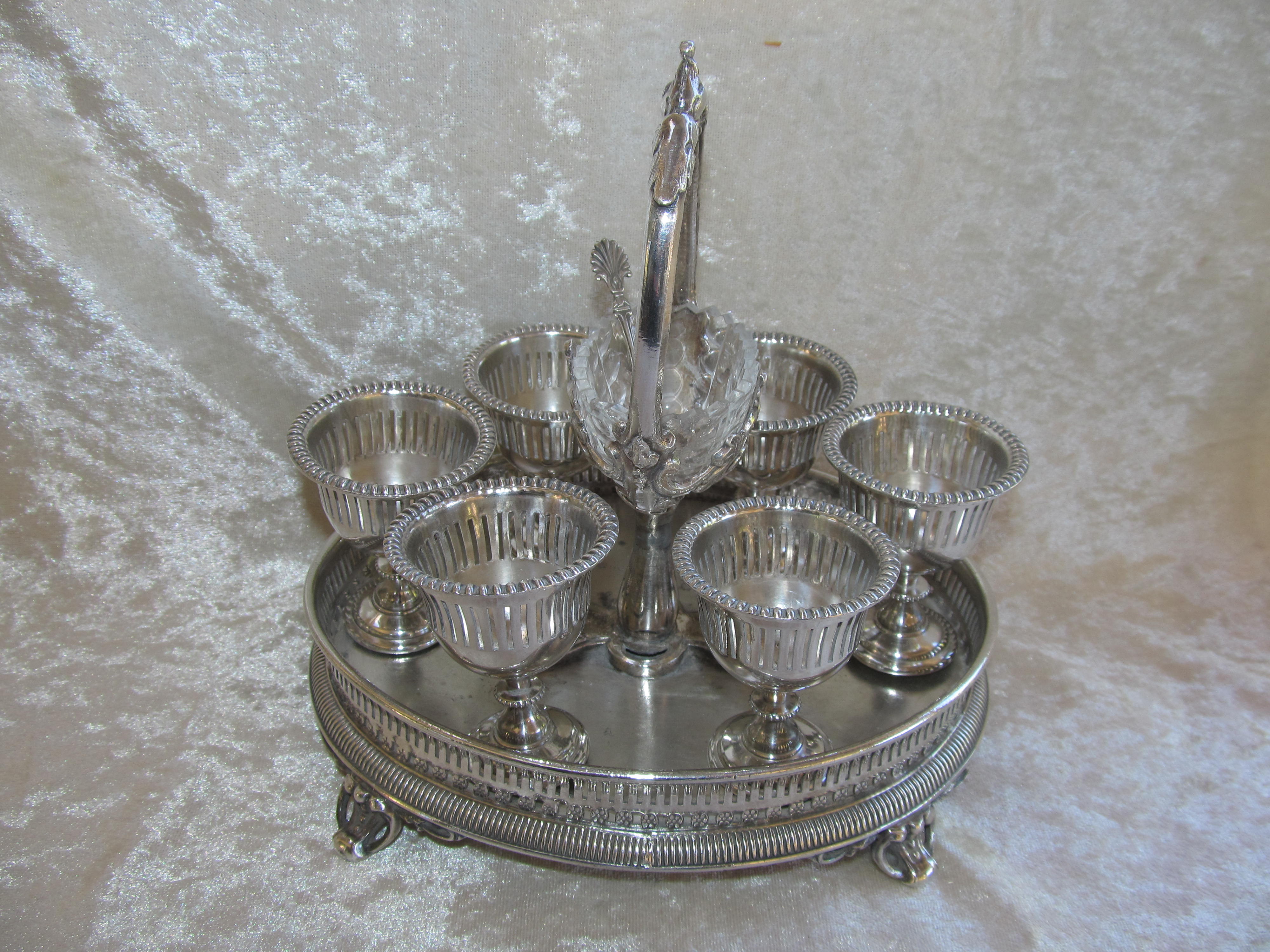 Egg bowl old egg service silver metal 6 shells display salt shaker