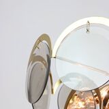 Vintage Vistosi Chandelier: Smoked Glass Discs, Gold Metal, 1970s Italian P