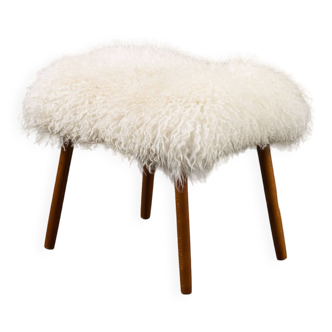 Danish mid-century footstool in natural long hair sheepskin, 1970s