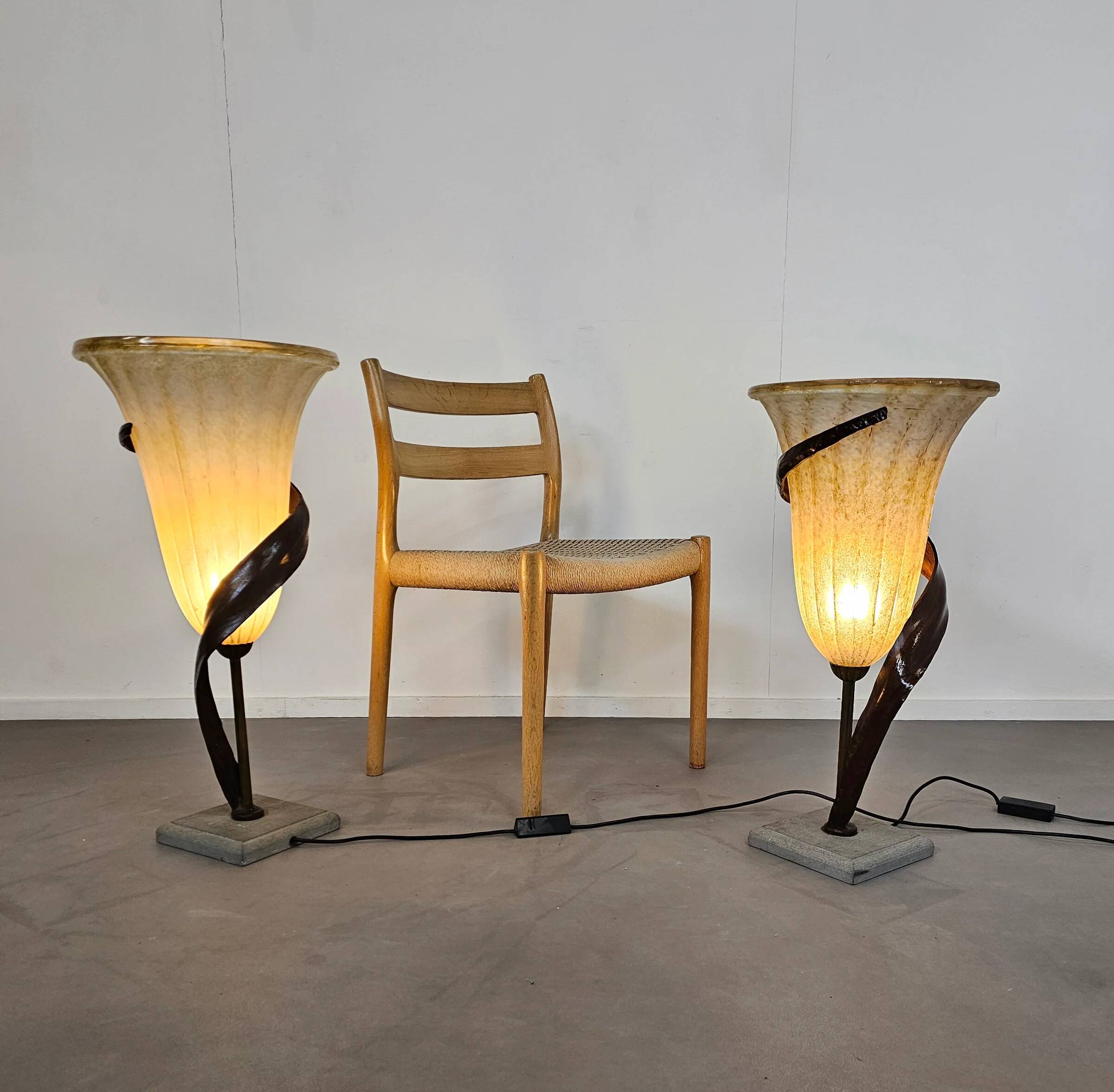 Large Jugendstil floor / table lamps, Roberto Galli, stone base with Italian glass shade