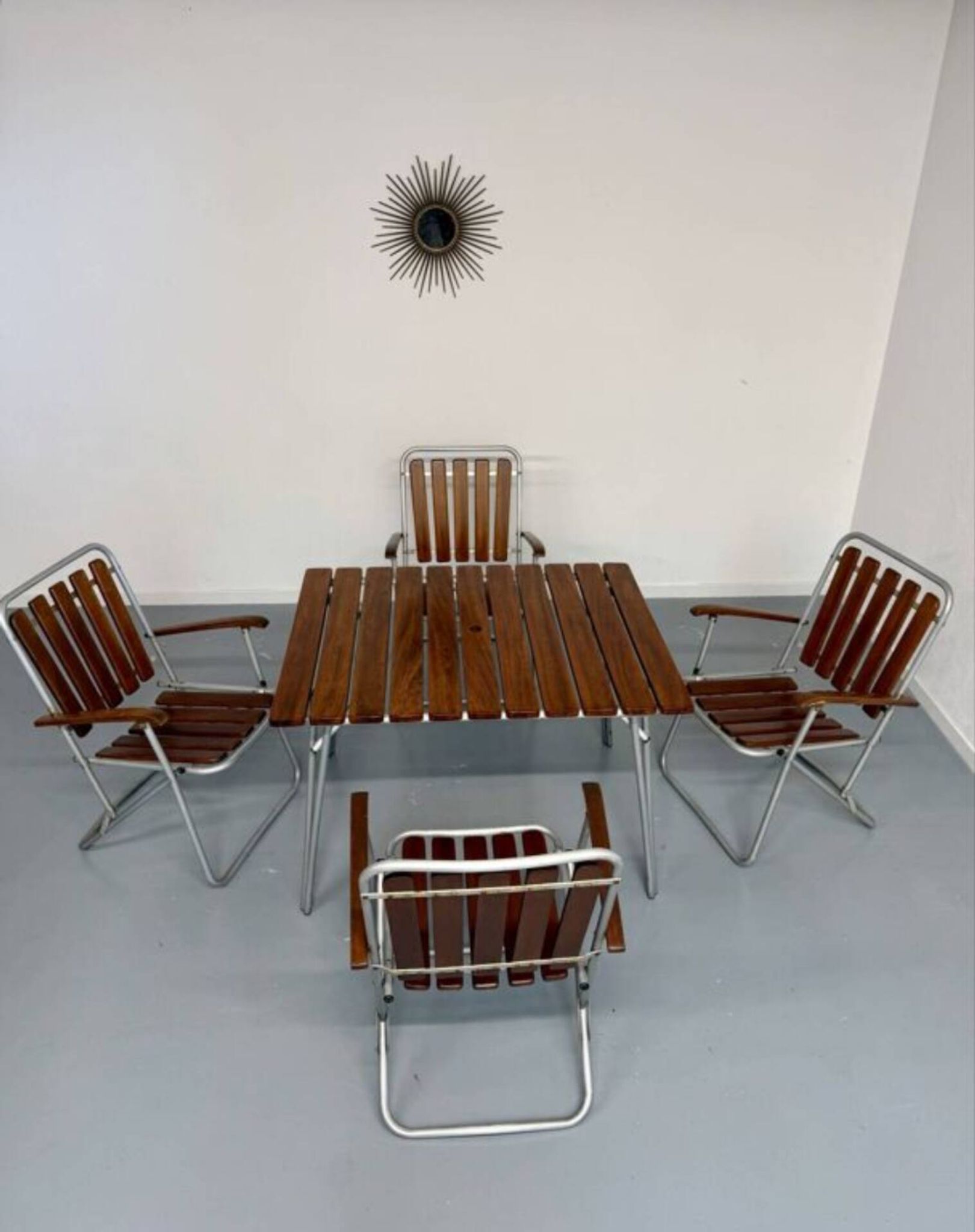 Vintage folding garden set table 4 chairs wood and metal 1960