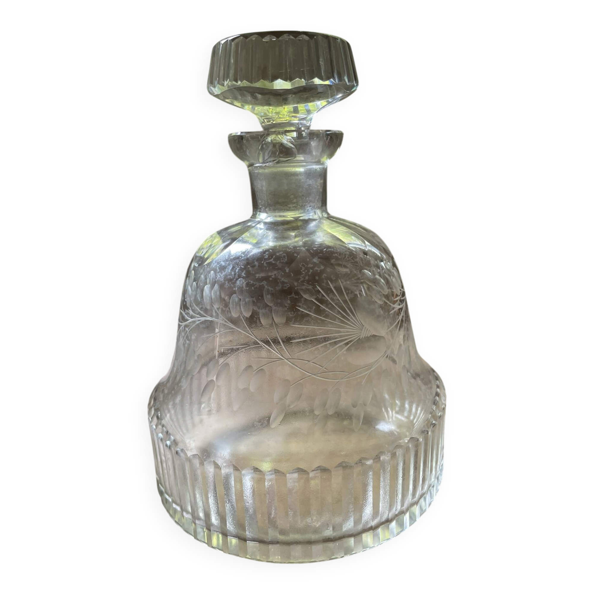 "Bohemian crystal carafe from Czechoslovakia with stopper, engraved decoration."